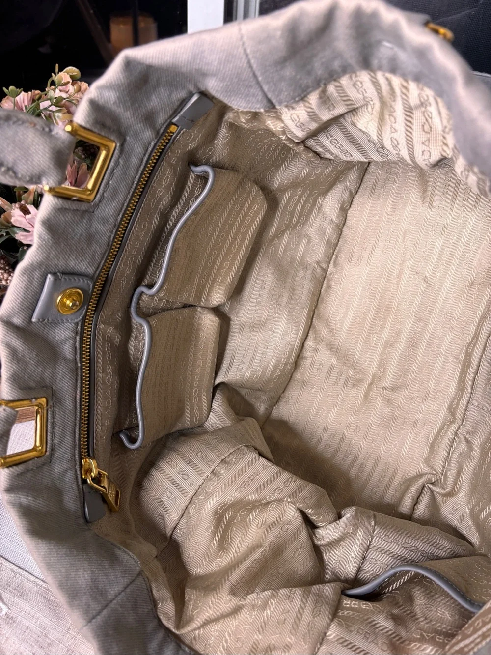 PRADA Gray Canapa Canvas Messenger Tote with Gold-Tone Hardware